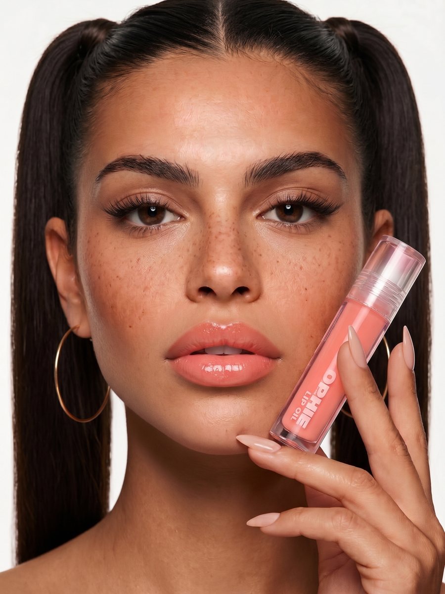 Beauty product visual: model holding a lip gloss