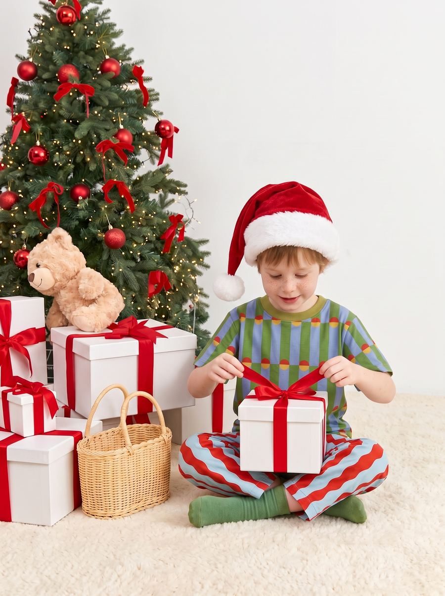 Seasonal scene of a child in the outfit opening a gift by a Christmas tree
